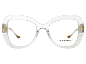 Przezroczyste damskie okulary korekcyjne Borbonese BEV.6171 o szerokim kształcie motyla.