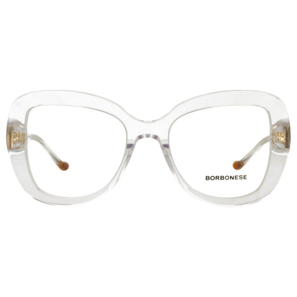 Przezroczyste damskie okulary korekcyjne Borbonese BEV.6171 o szerokim kształcie motyla.