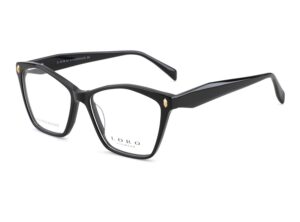 Widok z boku na czarne okulary Loro Olena L1 pokazujący szerokie zauszniki i złoty detal przy froncie.